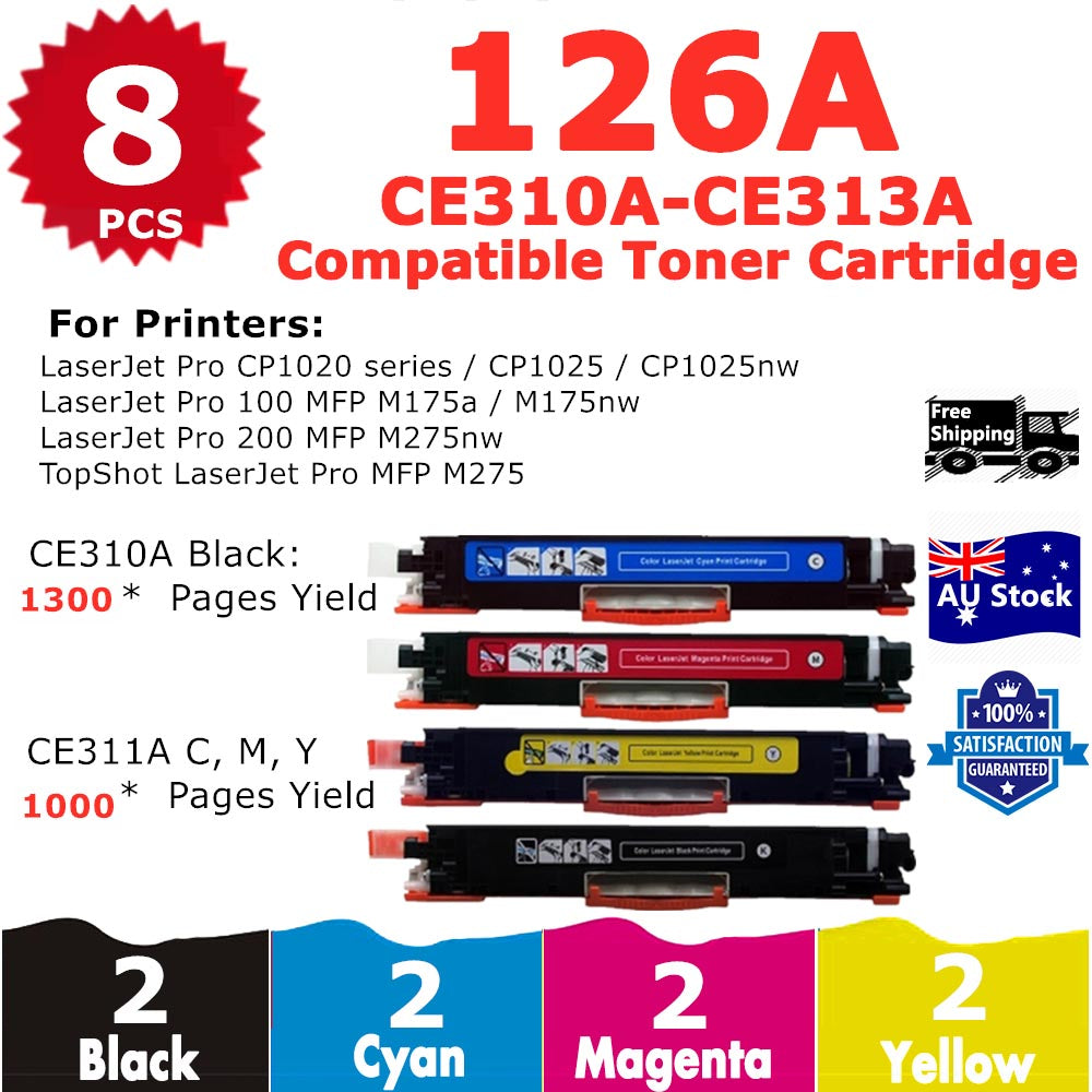 8 Pack InkSales HP 126A CE310A CE311A CE312A CE313A Compatible Toner Cartridge  (2BK,2C,2M,2Y)