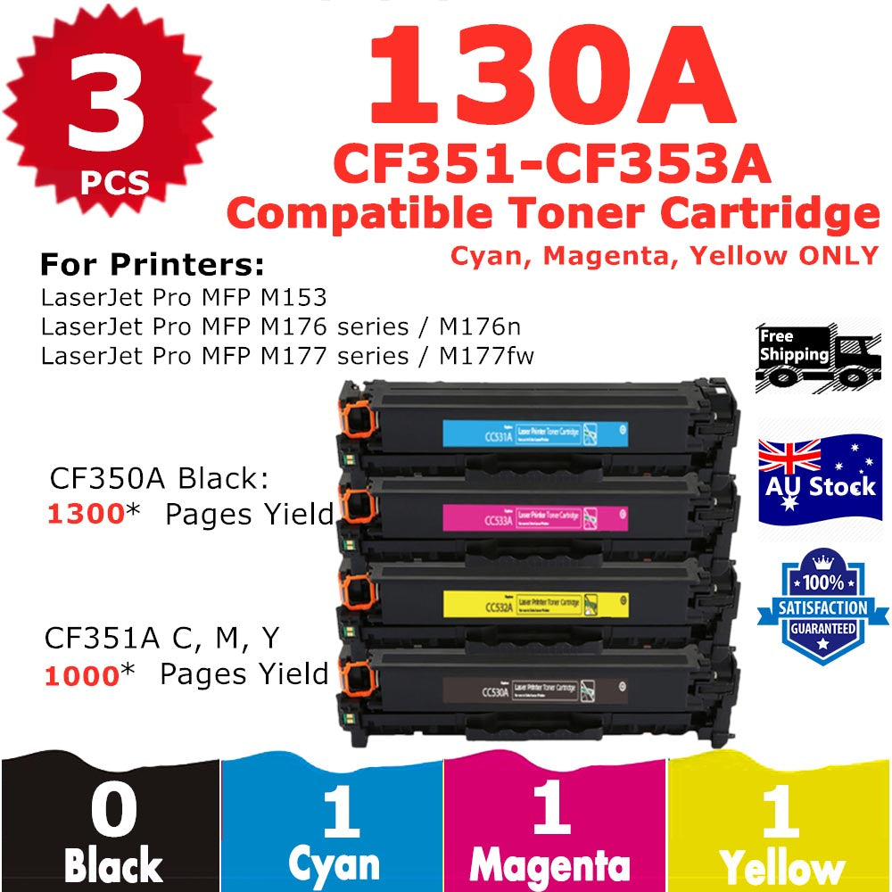 3 Pack InkSales HP 130A CF351A CF353A CF352A Cyan Magenta Yellow Only Compatible Toner Cartridge  (1C,1M,1Y)