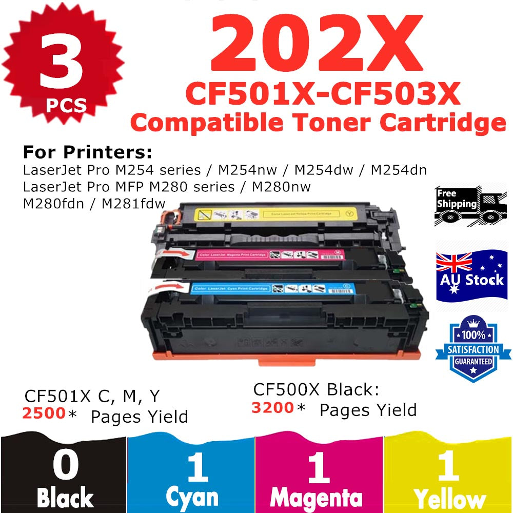 3 Pack InkSales HP 202X CF501X CF503X CF502X Cyan Magenta Yellow Only Compatible Toner Cartridge  (1C,1M,1Y)