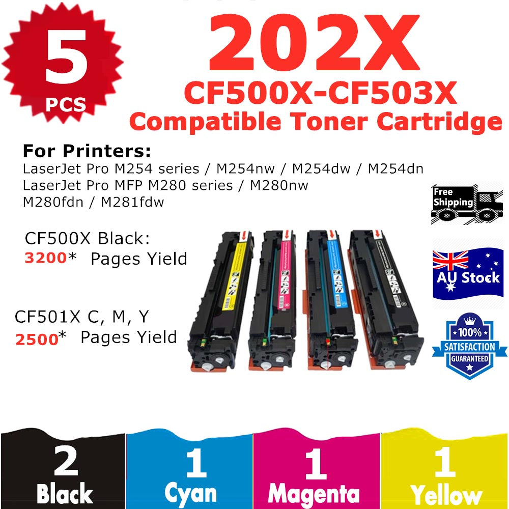 5 Pack InkSales HP 202X CF500X CF501X CF503X CF502X Compatible Toner Cartridge  (2BK,1C,1M,1Y)