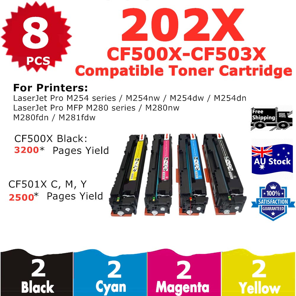 8 Pack InkSales HP 202X CF500X CF501X CF503X CF502X Compatible Toner Cartridge  (2BK,2C,2M,2Y)
