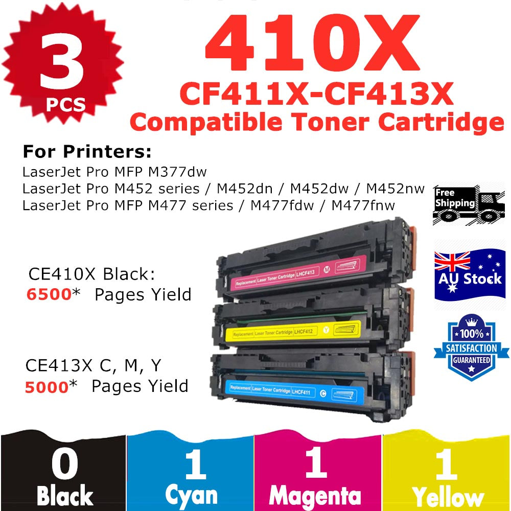 3 Pack InkSales HP 410X CF410X CF411X CF412X CF413X Compatible Toner Cartridge  (1C,1M,1Y)